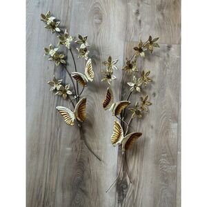 2 Homeco Vintage Brass Butterfly Flower Wall Hangings 26" X 7.5"